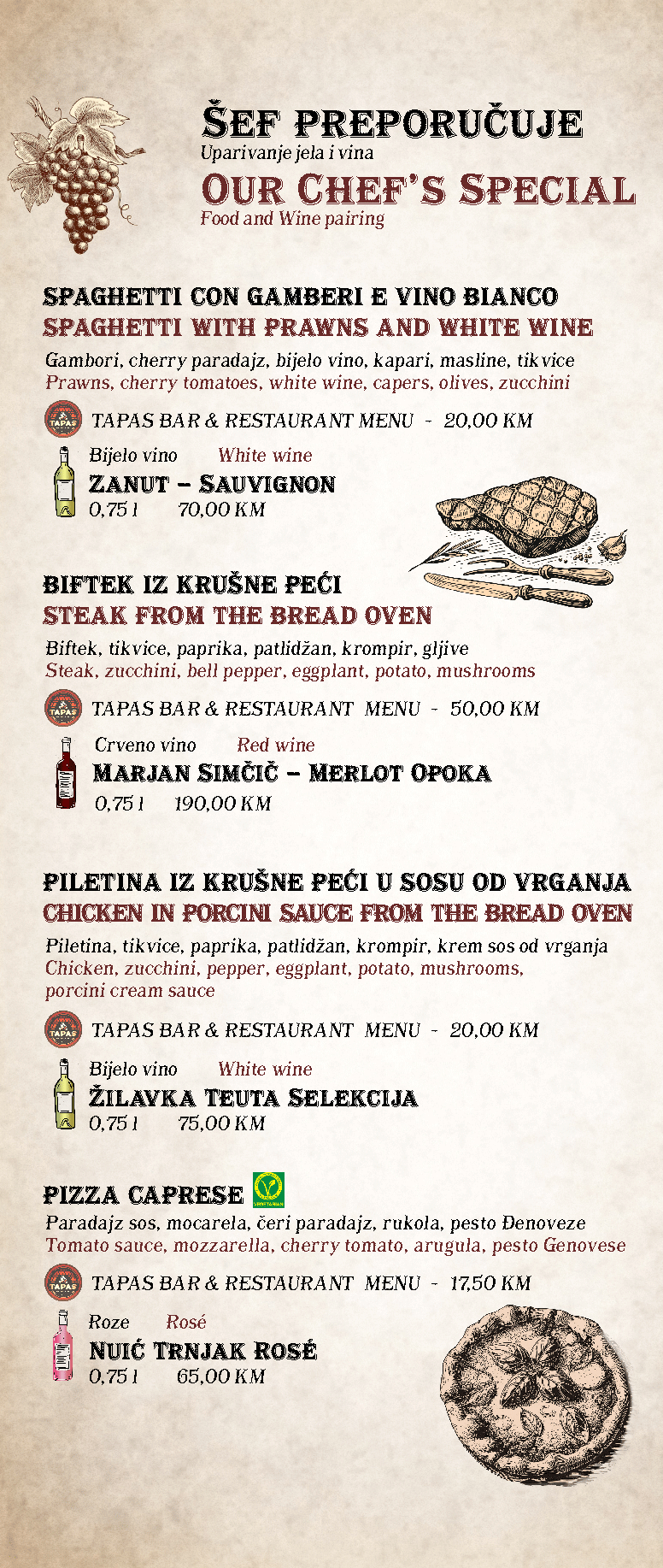 Tapas bar menu vinska karta