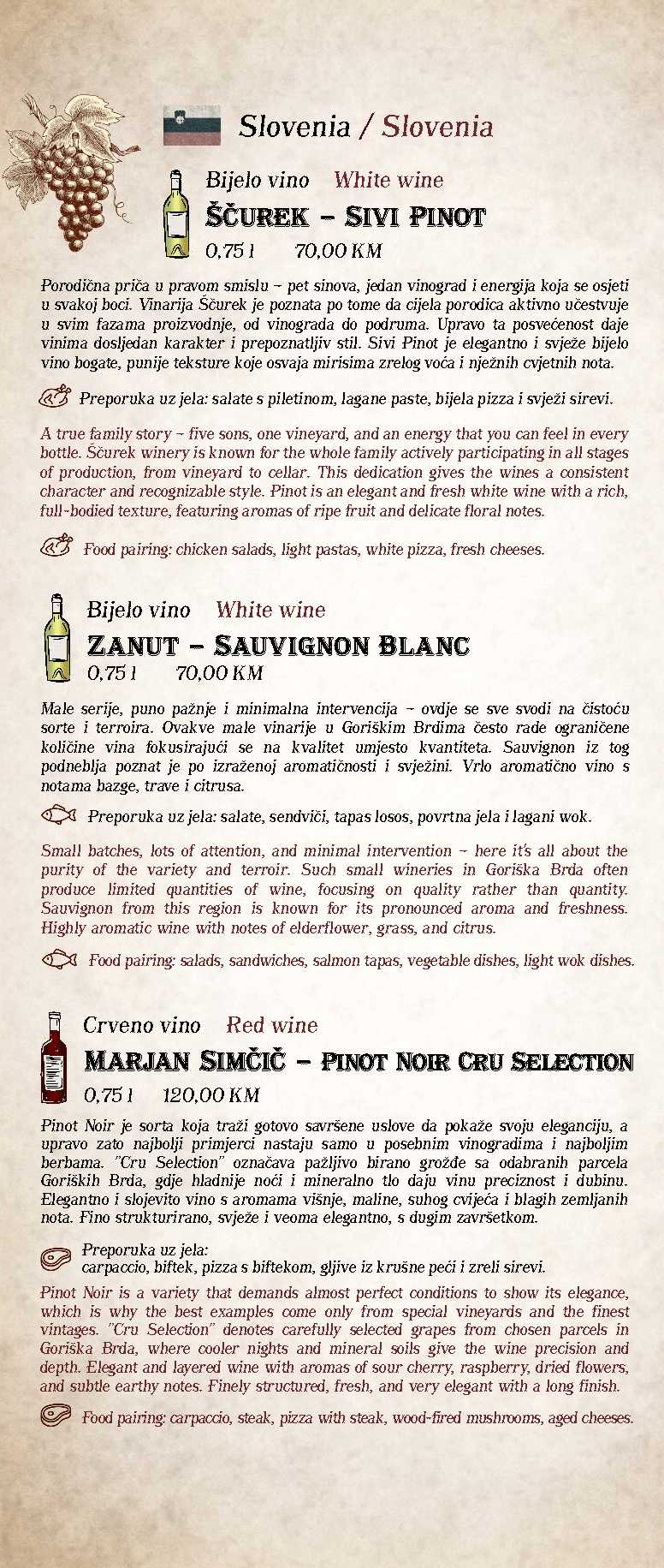 Tapas bar menu vinska karta