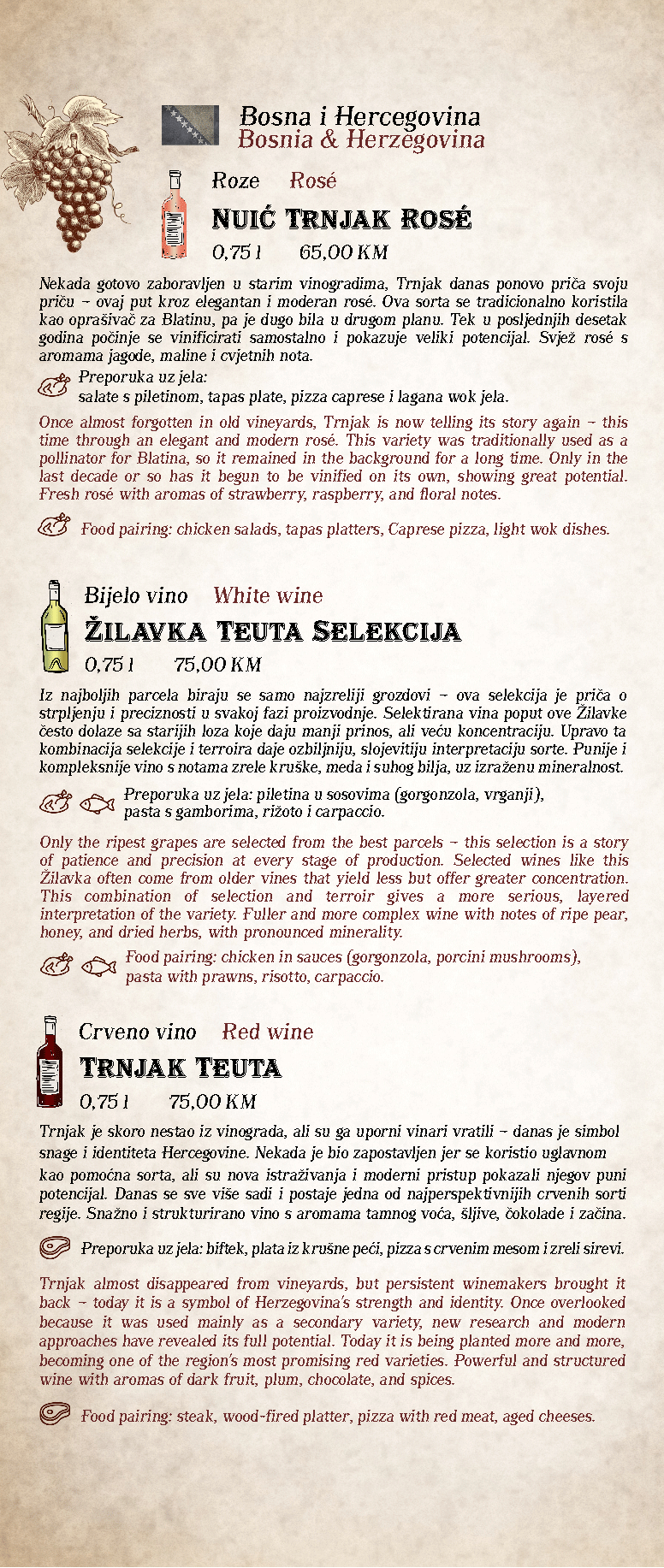 Tapas bar menu vinska karta