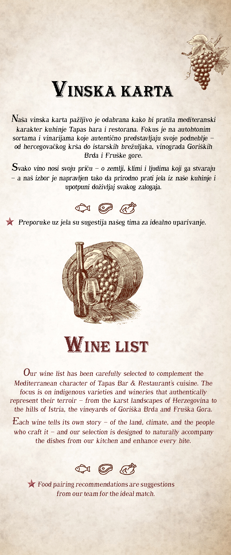 Tapas bar menu vinska karta