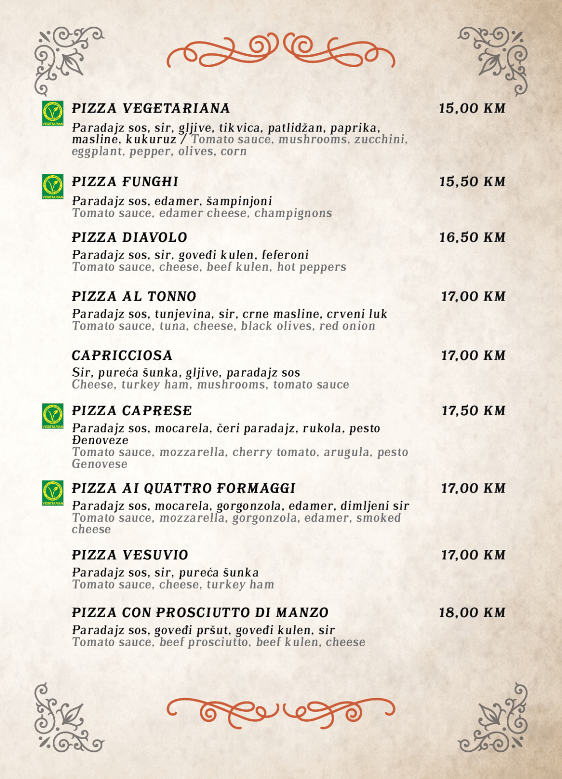 Tapas pub menu