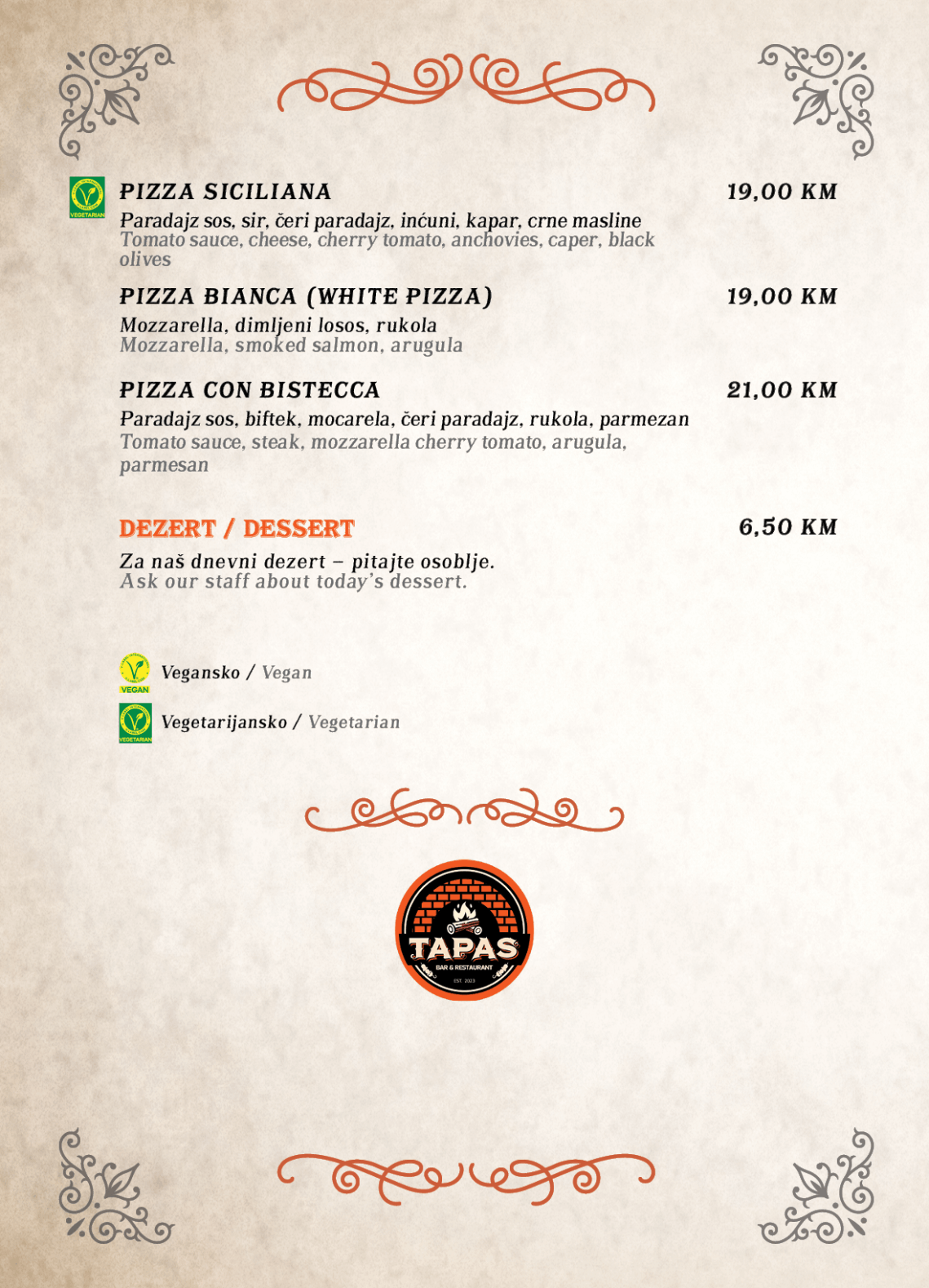 Tapas pub menu