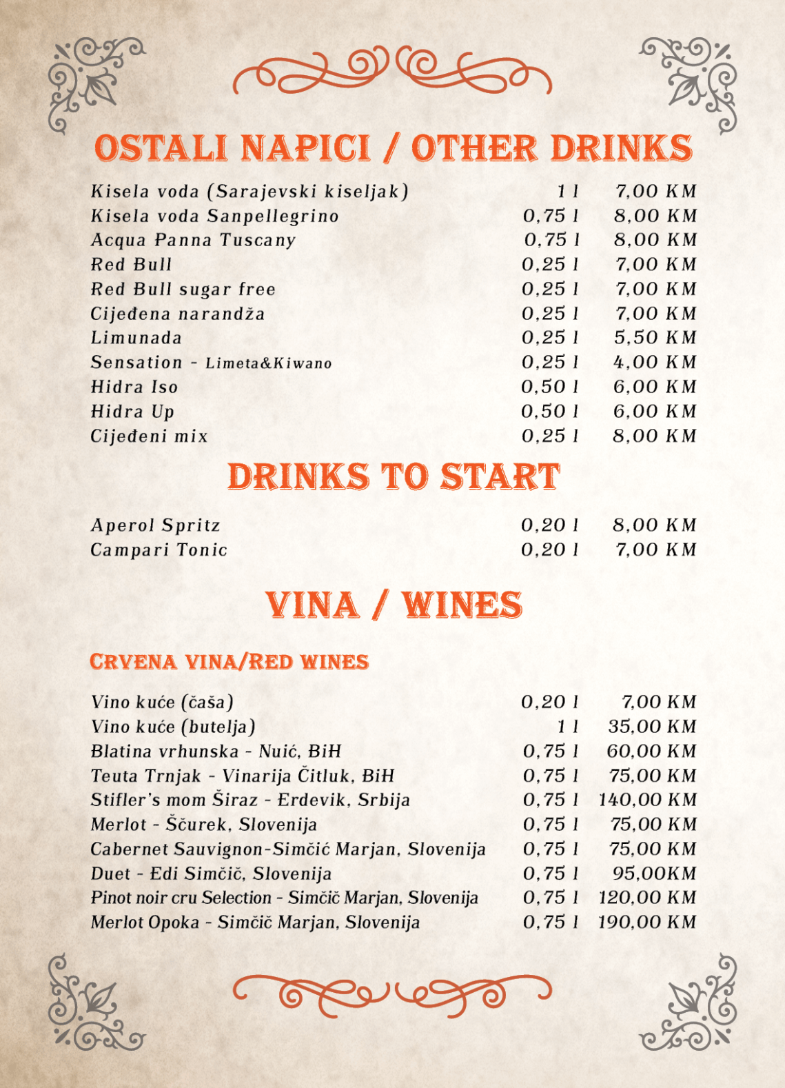 Tapas pub menu