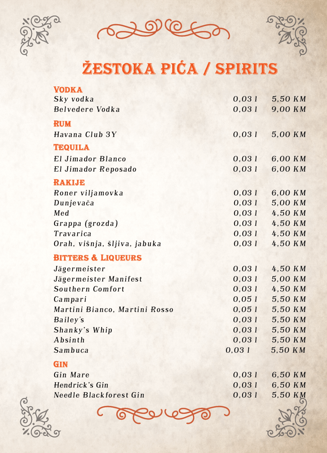 Tapas pub menu
