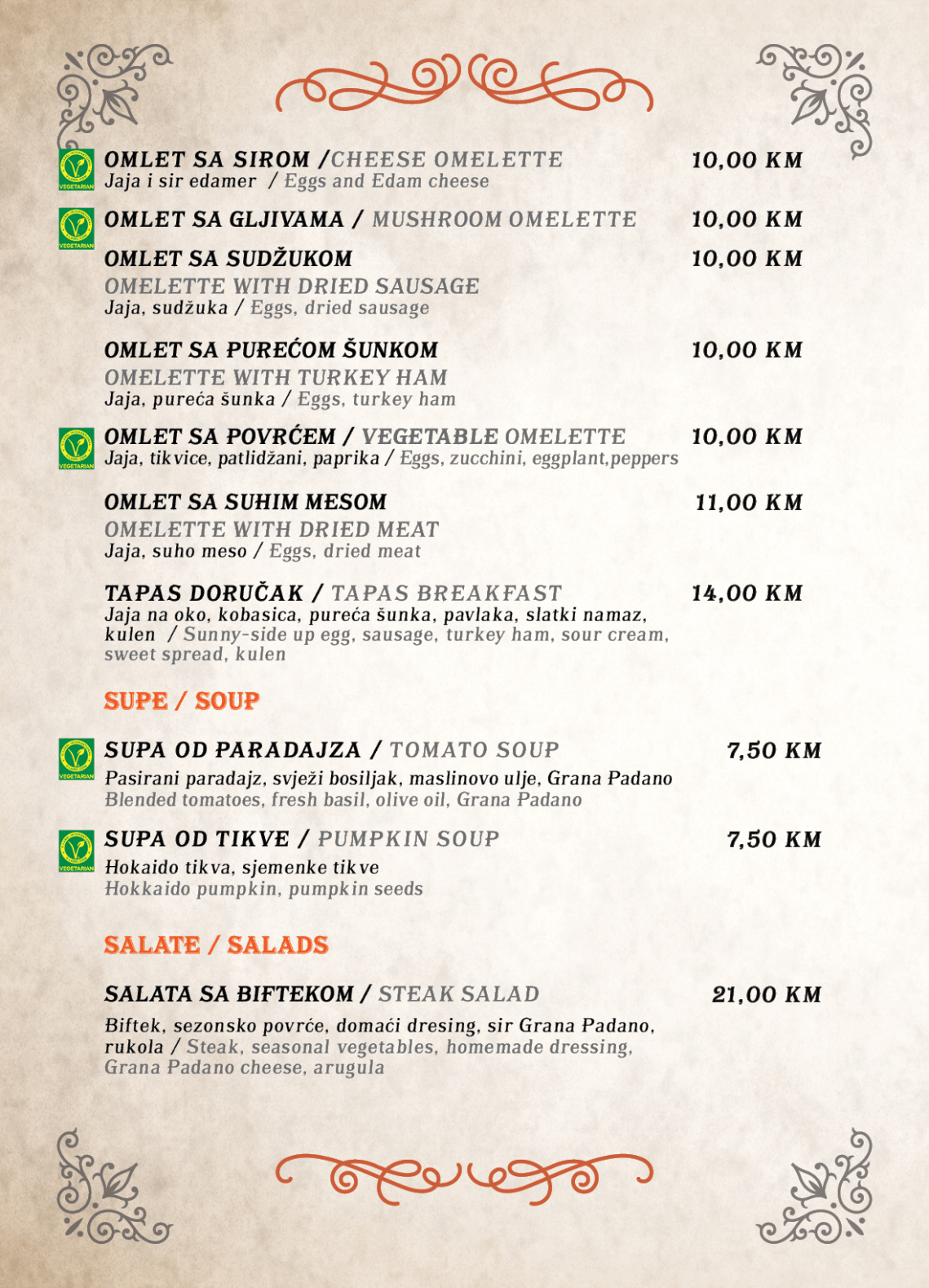 Tapas pub menu