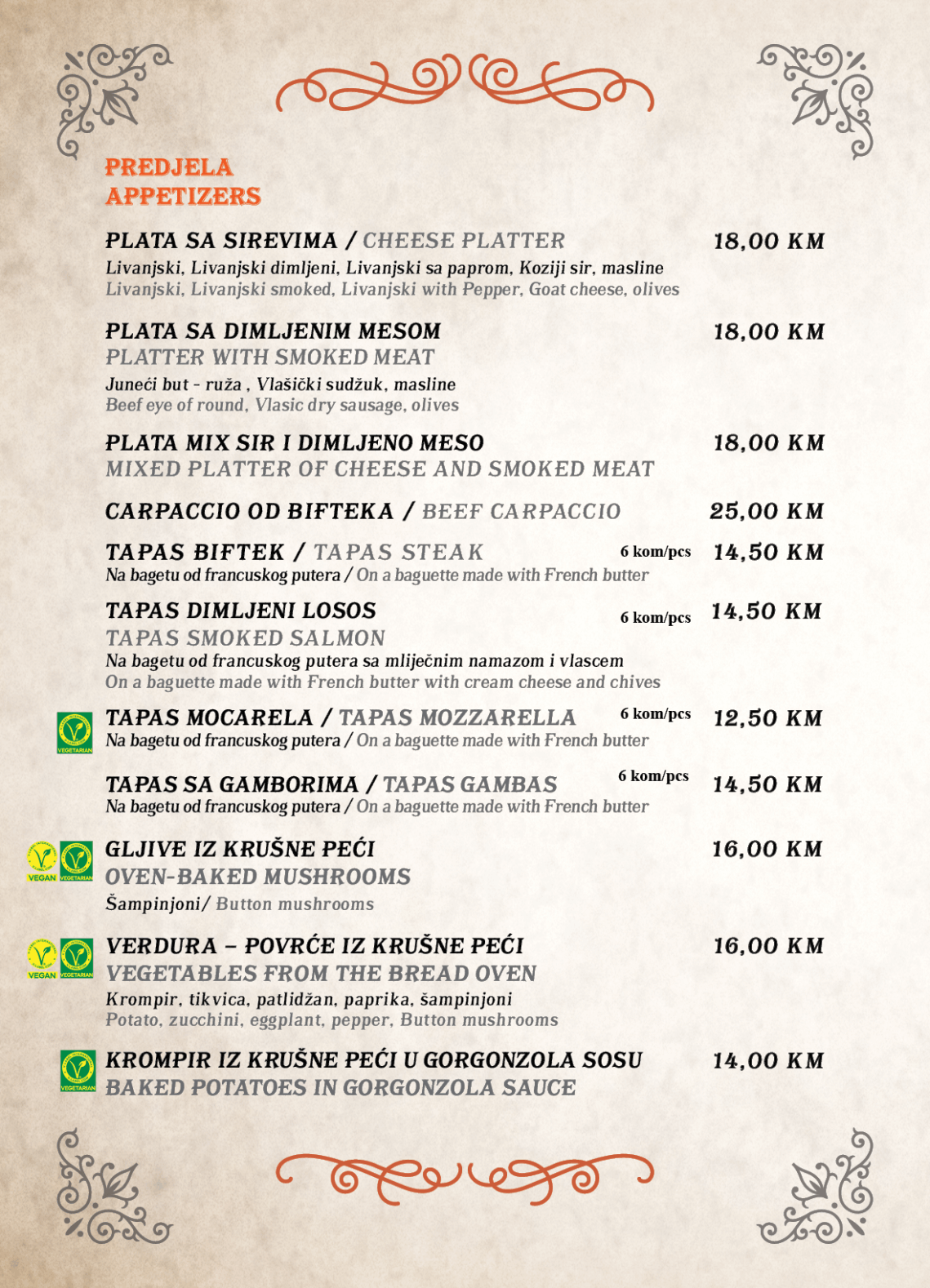 Tapas pub menu