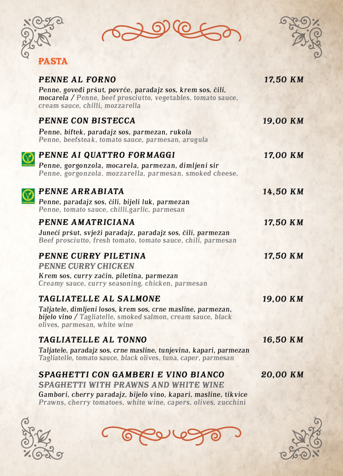 Tapas pub menu