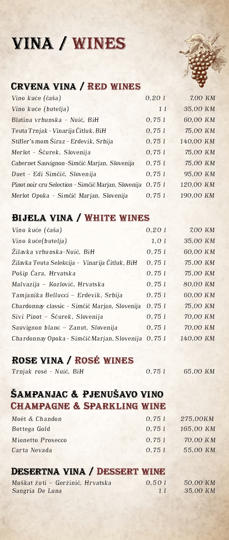 Tapas bar Wine List
