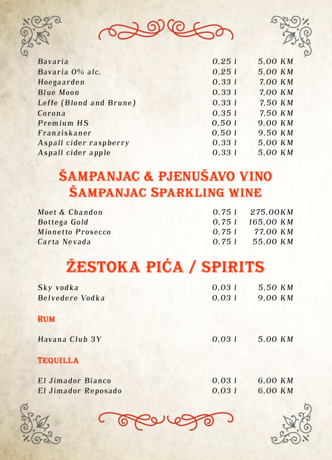 Tapas bar menu