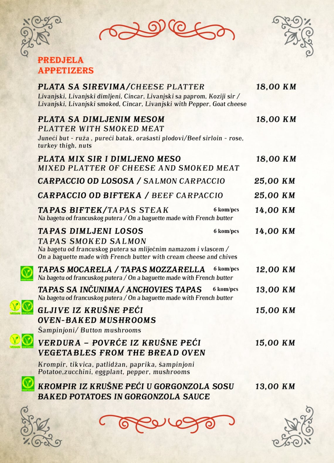 Tapas bar menu