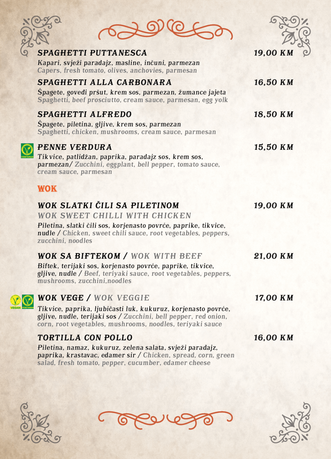 Tapas bar menu