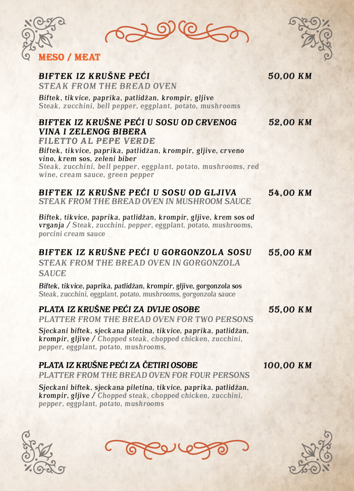Tapas bar menu