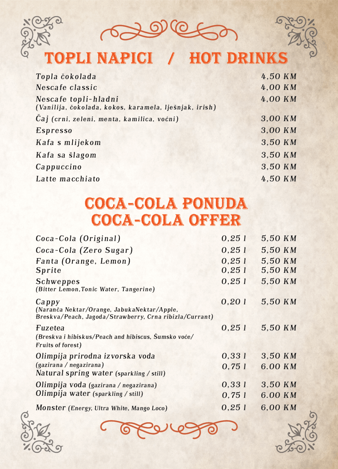 Tapas bar menu