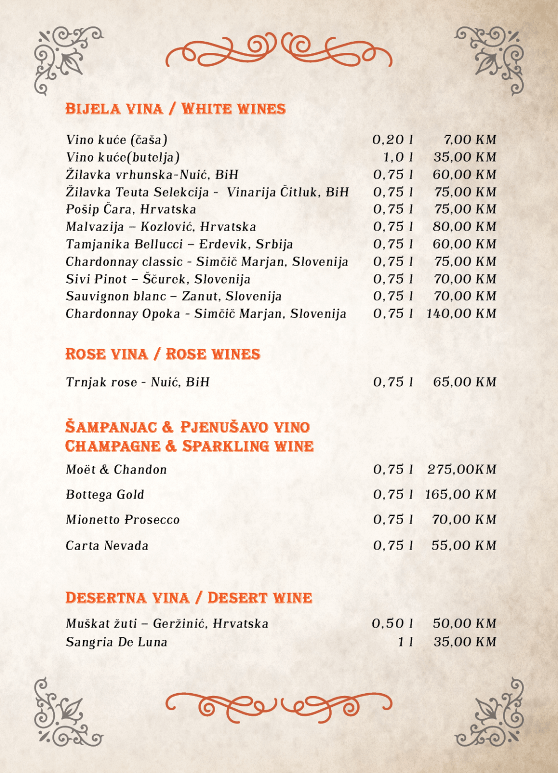 Tapas bar menu