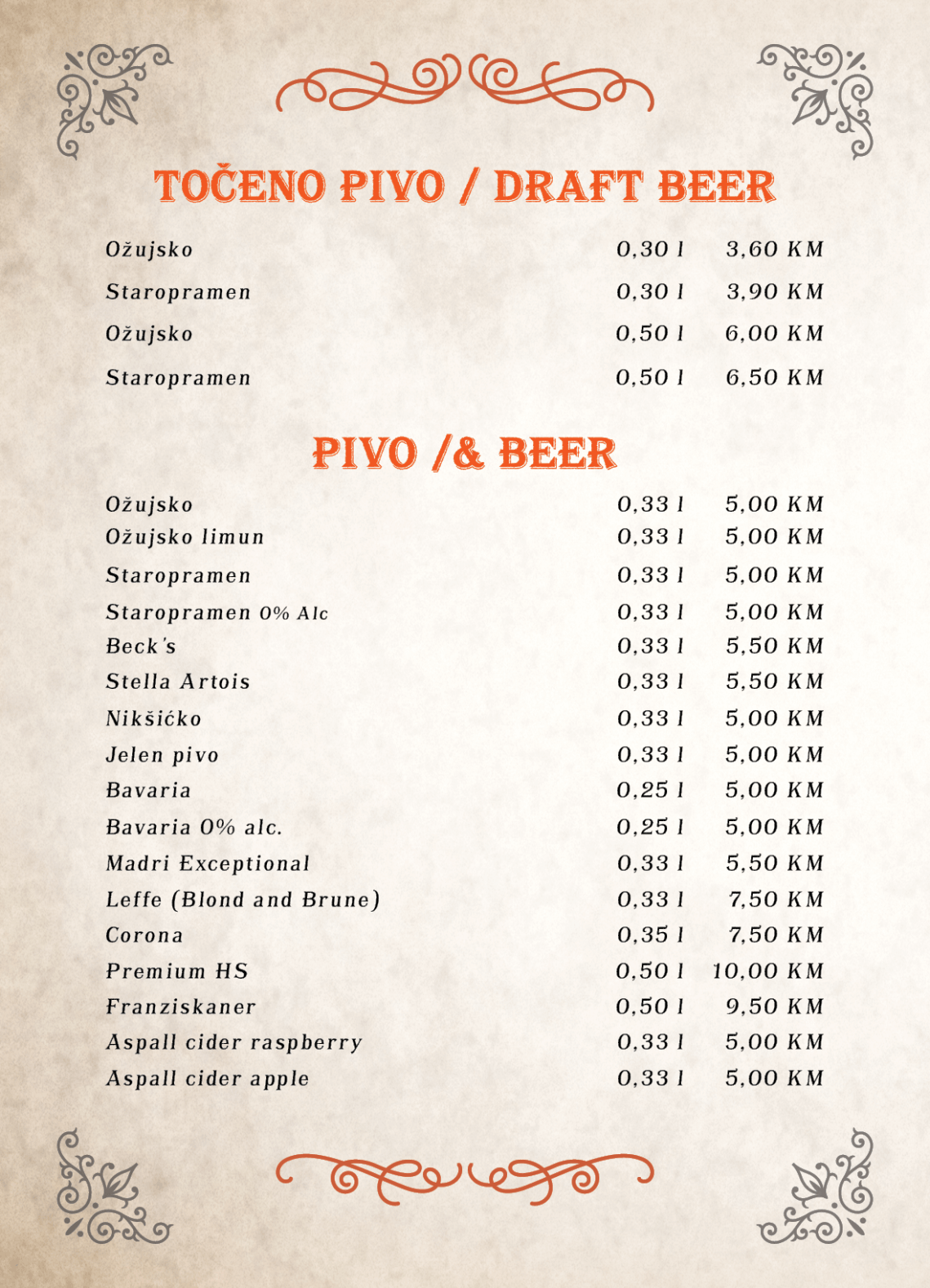 Tapas bar menu