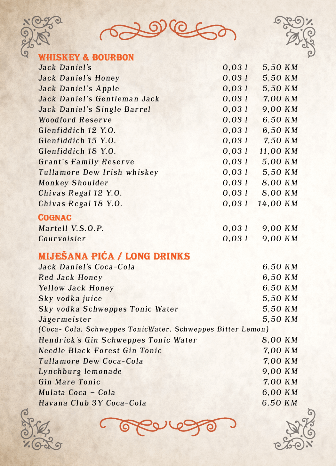Tapas bar menu